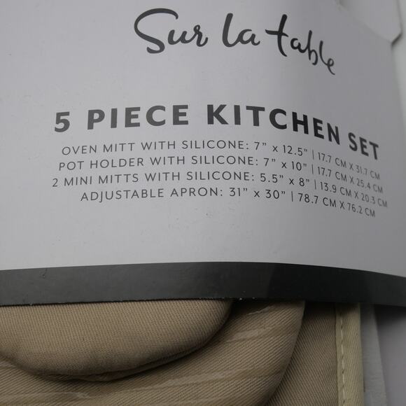 NEW Sur La Table 5 Piece Kitchen Set Apron Oven Mitt Potholder 2 Mini Mitts Tan - Picture 7 of 7
